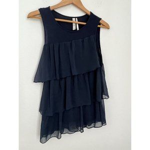Womens Kische Sleeveless Navy Blue Tank Shirt Small Ruffles Tiered Scoop Neck